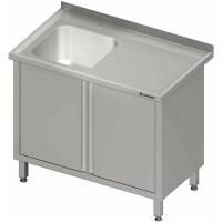 Stół ze zlewem jednokomorowym z lewej strony oraz szafką z drzwiami skrzydłowymi 1100x700x850 mm | STALGAST, 980737110