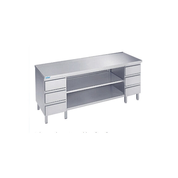 Stół do pracy 1200x600x900 mm z 2 półkami, 2 blokami po 3 szuflady i blatem bez rantu tylnego | RILLING, ASG 0612A S3B0