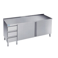 Stół do pracy 1200x600x900 mm z 2 półkami, blokiem 3 szuflad, 2 drzwiami skrzydłowymi i blatem z rantem tylnym | RILLING, ASF 0612C S3L0