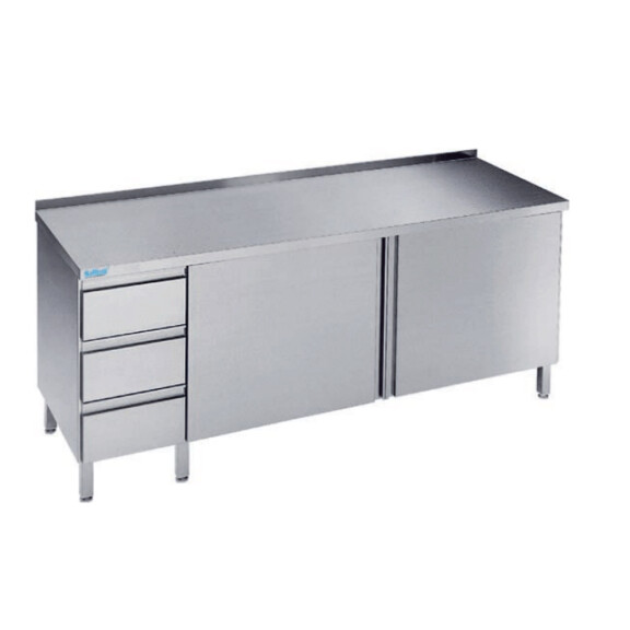 Stół do pracy 1400x600x900 mm z 2 półkami, blokiem 3 szuflad, 2 drzwiami skrzydłowymi i blatem z rantem tylnym | RILLING, ASF 0614C S3L0