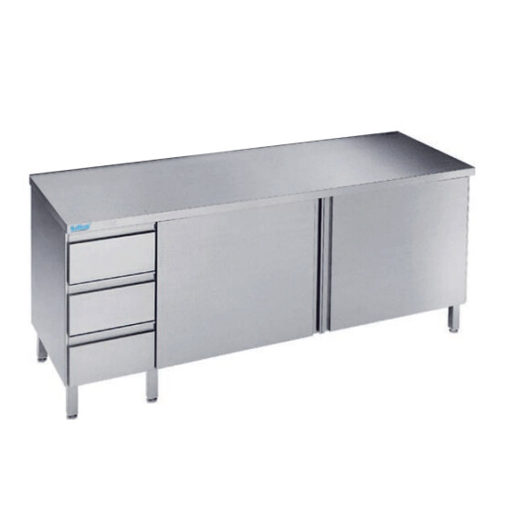 Podstawa stołu do pracy 1400x600x850 mm z 2 półkami, blokiem 3 szuflad, 2 drzwiami skrzydłowymi i bez blatu | RILLING, ASF 0614U S3L0