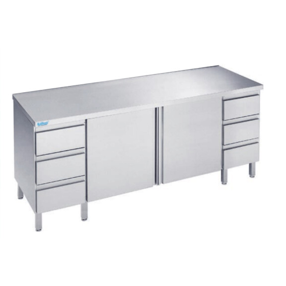Stół do pracy 1200x600x900 mm z 2 półkami, 2 blokami 3 szuflad, 2 drzwiami skrzydłowymi i blatem bez rantu tylnego | RILLING, ASF 0612A S3B0
