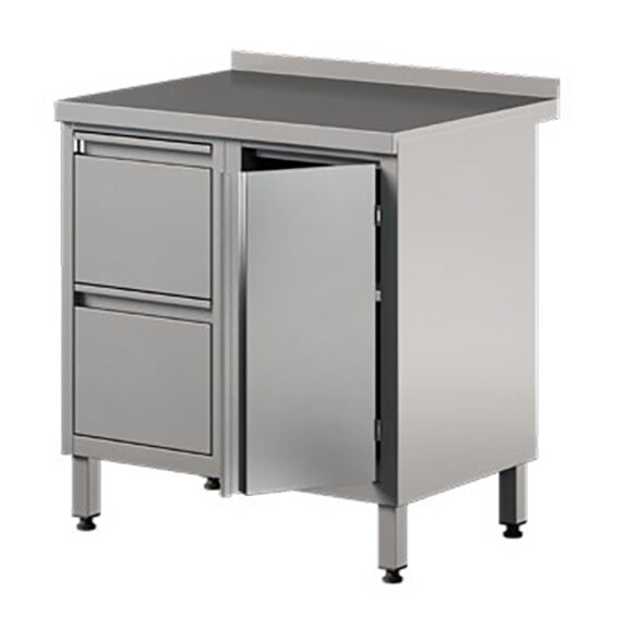 Stół przyścienny ze stali nierdzewnej z 2 szufladami i szafką, drzwi skrzydłowe 800x600x850 mm | ASBER, WM-86-PL-HD-2DR