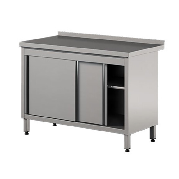 Stół przyścienny ze stali nierdzewnej z szafką, drzwi suwane 1700x700x850 mm | ASBER, WM-177-PL-2SD