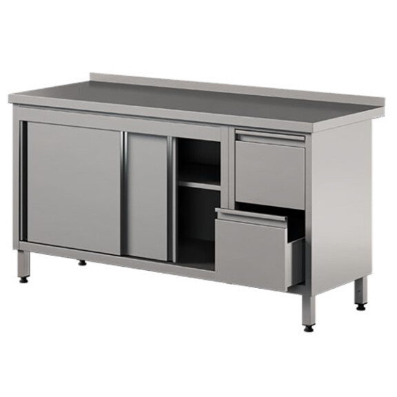 Stół przyścienny ze stali nierdzewnej z 2 szufladami i szafką, drzwi suwane 2100x600x850 mm | ASBER, WM-216-PL-2SD-2DR