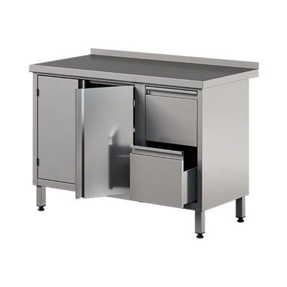 Stół przyścienny ze stali nierdzewnej z 2 szufladami i szafką, drzwi skrzydłowe 1300x700x850 mm | ASBER, WM-137-PL-2HD-2DR