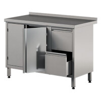 Stół przyścienny ze stali nierdzewnej z 2 szufladami i szafką, drzwi skrzydłowe 1500x700x850 mm | ASBER, WM-157-PL-2HD-2DR