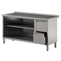 Stół przyścienny ze stali nierdzewnej z 3 szufladami i szafką otwartą, bez drzwi 1100x700x850 mm | ASBER, WM-117-PL-2DR-2S