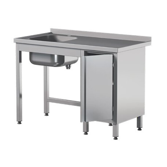 Stół przyścienny ze stali nierdzewnej ze zlewem i szafką, drzwi skrzydłowe 1000x600x850 mm | ASBER, STW-106/1-PL-L-HD-B