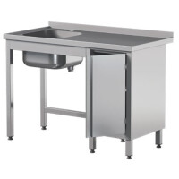 Stół przyścienny ze stali nierdzewnej ze zlewem i szafką, drzwi skrzydłowe 1400x700x850 mm | ASBER, STW-147/1-PL-L-HD-B