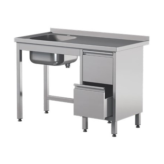 Stół przyścienny ze stali nierdzewnej ze zlewem i 2 szufladami 1000x600x850 mm | ASBER, STW-106/1-PL-L-2DR-B