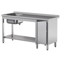 Stół przyścienny ze stali nierdzewnej z półką, zlewem i szafką, drzwi szkrzydłowe 1100x600x850 mm | ASBER, STW-116/1-PL-L-HD-S