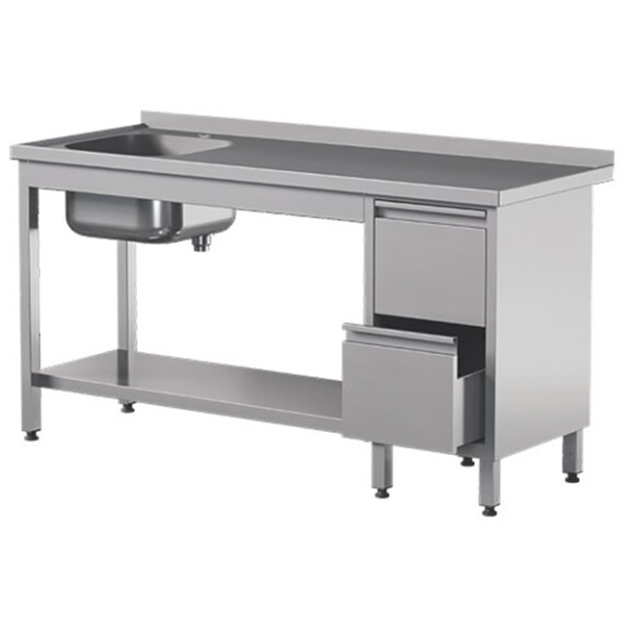 Stół przyścienny ze stali nierdzewnej z półką, zlewem i 2 szufladami 1400x600x850 mm | ASBER, STW-146/1-PL-L-2DR-S