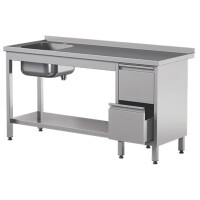 Stół przyścienny ze stali nierdzewnej z półką, zlewem i 2 szufladami 1100x700x850 mm | ASBER, STW-117/1-PL-L-2DR-S