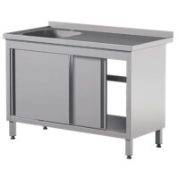 Stół przyścienny ze stali nierdzewnej ze zlewem i szafką, drzwi suwane 1500x600x850 mm | ASBER, STW-156/1-PL-L-2SD