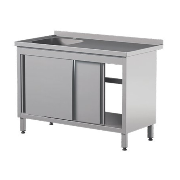 Stół przyścienny ze stali nierdzewnej ze zlewem i szafką, drzwi suwane 1200x700x850 mm | ASBER, STW-127/1-PL-L-2SD