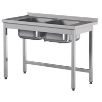 Stół przyścienny ze stali nierdzewnej z dwoma zlewami 1200x600x850 mm | ASBER, STW-126/2-PL-L-B