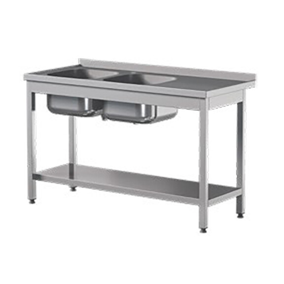 Stół przyścienny ze stali nierdzewnej z półką i dwoma zlewami 2000x700x850 mm | ASBER, STW-207/2-PL-L-S
