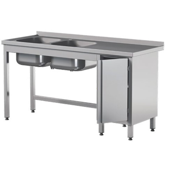 Stół przyścienny ze stali nierdzewnej z dwoma zlewami i szafką, drzwi skrzydłowe 1400x700x850 mm | ASBER, STW-147/2-PL-L-HD