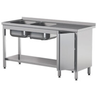 Stół przyścienny ze stali nierdzewnej z półką, dwoma zlewami i szafką, drzwi skrzydłowe 1600x700x850 mm | ASBER, STW-167/2-PL-L-HD-S