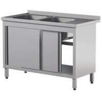 Stół przyścienny ze stali nierdzewnej z dwoma zlewami i szafką, drzwi suwane 1500x700x850 mm | ASBER, STW-157/2-PL-L-2SD