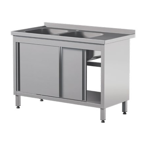 Stół przyścienny ze stali nierdzewnej z dwoma zlewami i szafką, drzwi suwane 1600x700x850 mm | ASBER, STW-167/2-PL-L-2SD