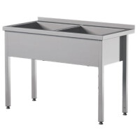 Stół przyścienny ze stali nierdzewnej z basenem dwukomorowym, głębokość komory 300 mm 1500x700x850 mm | ASBER, SBTW-1573/2-PL