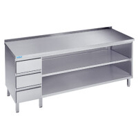 Stół do pracy 1000x700x900 mm z 2 półkami, blokiem 3 szuflad i blatem z rantem tylnym | RILLING, ASG 0710C S3L0