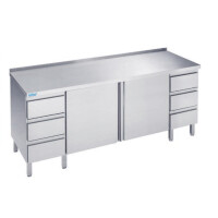 Stół do pracy 1400x700x900 mm z 2 półkami, 2 blokami 3 szuflad, 2 drzwiami skrzydłowymi i blatem z rantem tylnym | RILLING, ASF 0714C S3B0
