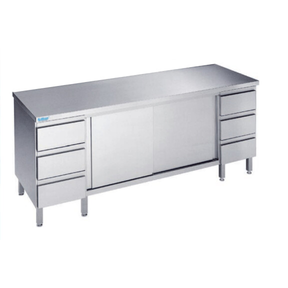 Stół do pracy 1800x700x900 mm z 2 półkami, 2 blokami 3 szuflad, 2 drzwiami przesuwnymi i blatem bez rantu tylnego | RILLING, ASS 0718A S3B0