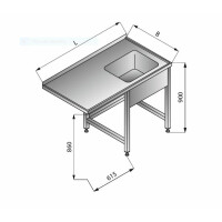 Stół zlewozmywakowy jednozbiornikowy prawy, 1300x700x900 mm | LOZAMET, LO341/P