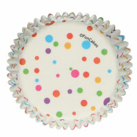 Papilotki do pieczenia babeczek śr. 5 cm, 48 szt. białe w kolorowe kropki | FUNCAKES, F84230