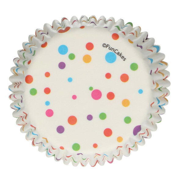 Papilotki do pieczenia babeczek śr. 5 cm, 48 szt. białe w kolorowe kropki | FUNCAKES, F84230