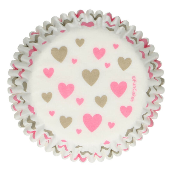 Papilotki do pieczenia babeczek śr. 5 cm, 48 szt. białe w serduszka | FUNCAKES, FC4201
