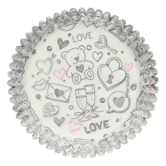 Papilotki do pieczenia babeczek śr. 5 cm, 48 szt. białe w pisane wzorki | FUNCAKES, FC4202