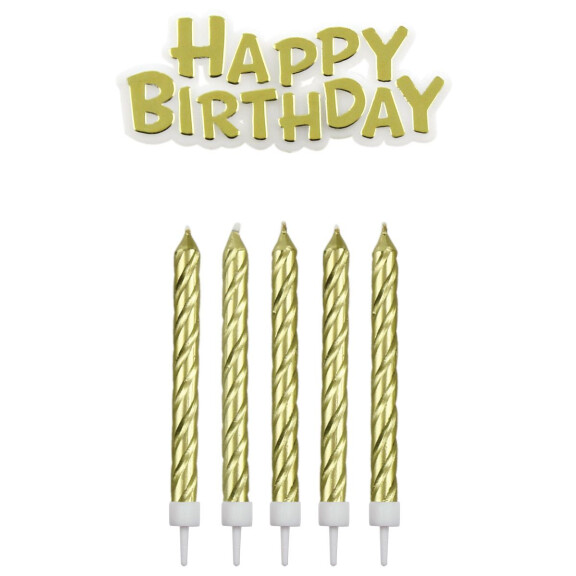 Świeczki na tort i napis Happy Birthday, 16 szt. – złote | PME, CA092