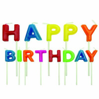 Świeczki na tort i napis Happy Birthday, 13 szt. – jaskrawe kolory | PME, CA018