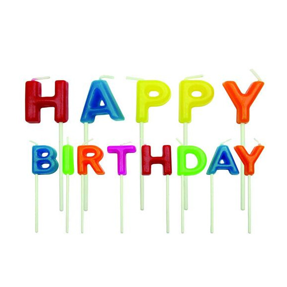Świeczki na tort i napis Happy Birthday, 13 szt. – jaskrawe kolory | PME, CA018