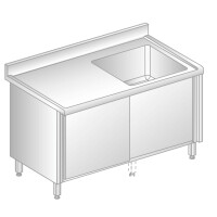 Stół przyścienny ze stali nierdzewnej ze zlewem, szafką z drzwiami suwanymi, rantem puszkowym i kapinosem 1400x600x850 mm | DORA METAL, DM-S-3211