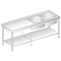 Stół przyścienny ze stali nierdzewnej z 2 zlewami i półką 2500x600x850 mm | DORA METAL, DM-3213