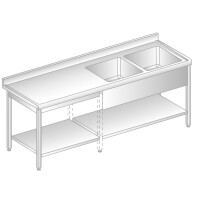 Stół przyścienny ze stali nierdzewnej z 2 zlewami, półką, rantem puszkowym i kapinosem 1800x700x850 mm | DORA METAL, DM-S-3213