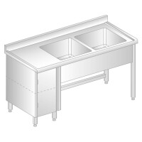 Stół przyścienny ze stali nierdzewnej z 2 zlewami, szafką, rantem puszkowym i kapinosem 1900x700x850 mm | DORA METAL, DM-S-3015