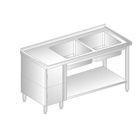 Stół przyścienny ze stali nierdzewnej z 2 zlewami, szafką i półką 1600x600x850 mm | DORA METAL, DM-3215