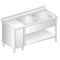 Stół przyścienny ze stali nierdzewnej z 2 zlewami, szafką, półką, rantem puszkowym i kapinosem 1500x600x850 mm | DORA METAL, DM-S-3215