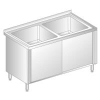Stół przyścienny ze stali nierdzewnej z 2 zlewami i szafką z drzwiami suwanymi 1800x700x850 mm | DORA METAL, DM-3226