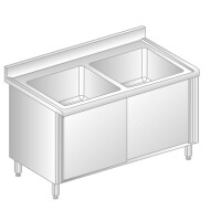 Stół przyścienny ze stali nierdzewnej z 2 zlewami, szafką z drzwiami suwanymi, rantem puszkowym i kapinosem 1500x600x850 mm | DORA METAL, DM-S-3226