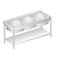 Stół przyścienny ze stali nierdzewnej z 3 zlewami i półką 1800x700x850 mm | DORA METAL, DM-3227