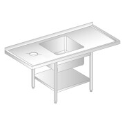 Stół przyścienny ze stali nierdzewnej z miejscem na zmywarkę, otworem na odpadki, zlewem i półką 2200x700x850 mm | DORA METAL, DM-3229