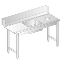 Stół załadowczy do zmywarek ze stali nierdzewnej z otworem na odpadki i zlewem 1500x760x850 mm | DORA METAL, DM-3257