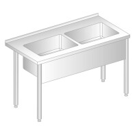 Stół przyścienny ze stali nierdzewnej z basenem dwukomorowym 1500x700x850 mm, wys. komory = 300 mm | DORA METAL, DM-3249